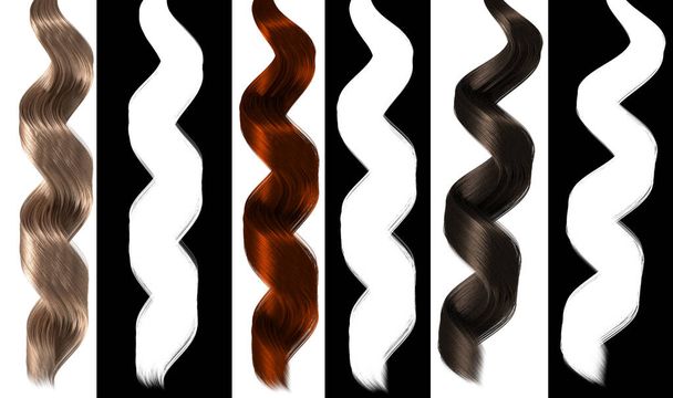 Set of Hair Extension Izolált dizájn - Haj darab Alpha Channel - Hosszú göndör Chignon 3d modell Renderelés háttér illusztráció  - Fotó, kép