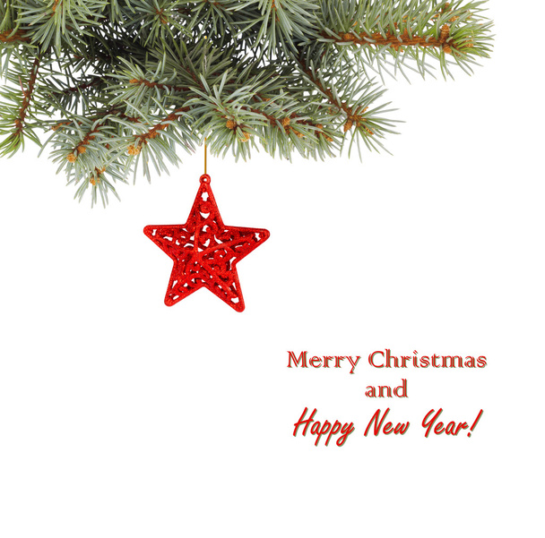 Ramo de abeto de Natal com multicores, estrelas em umas costas brancas
 - Foto, Imagem