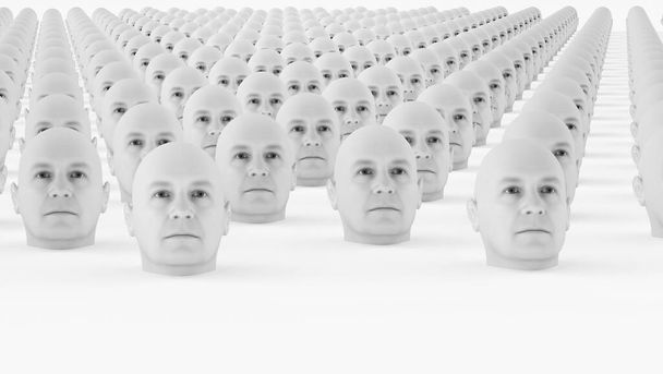 Imagen 3D de cabezas uniformes masculinas sin pelo - personajes monótonos aislados sobre fondo blanco - despersonalización, impersonalidad o diseño de concepto monótono
  - Foto, imagen