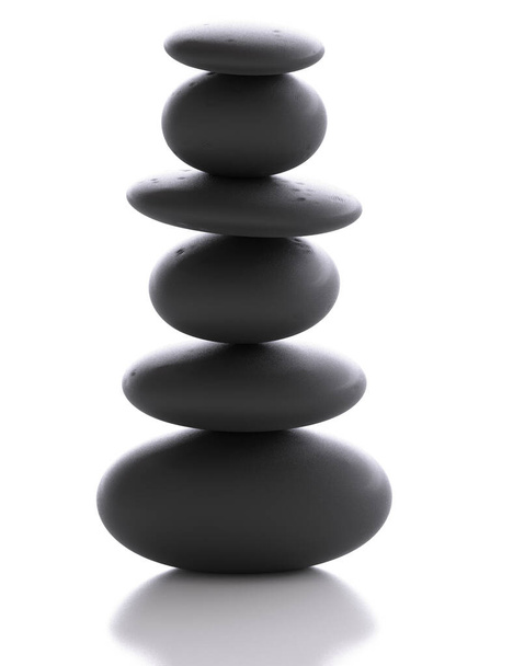 Zen kámen - šedé mořské oblázky pyramida - vyvážený v harmonii stohu kamenů na bílém pozadí - koncept 3D renderování léčení vzácné minerální - Fotografie, Obrázek