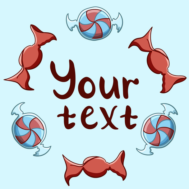 Round frame made of round candies in red and transparent wrapper. Your text inscription. Blue background, vector. - Vector, Image