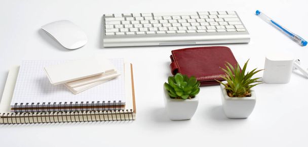 Teclado inalámbrico blanco, una pila de cuadernos, plantas verdes en macetas y un ratón, lugar de trabajo de un freelancer, hombre de negocios. Mesa blanca
 - Foto, imagen