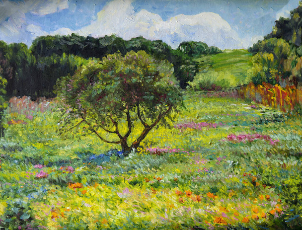 Paisaje primaveral de robles en un campo con flores. Bellas Artes. - Foto, Imagen