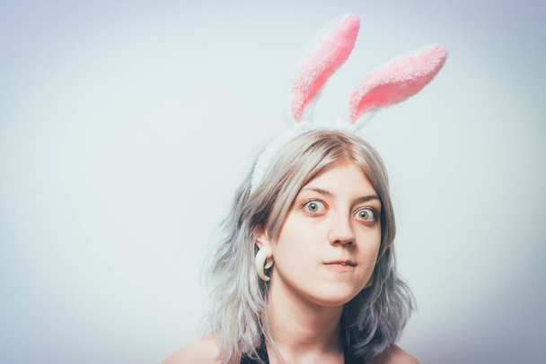 Portrait of girl with white rabbit ears - Foto, Imagen