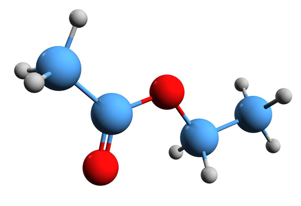 3D изображение скелетной формулы этилацетата - молекулярная химическая структура этилового этаноата, выделенная на белом фоне
 - Фото, изображение