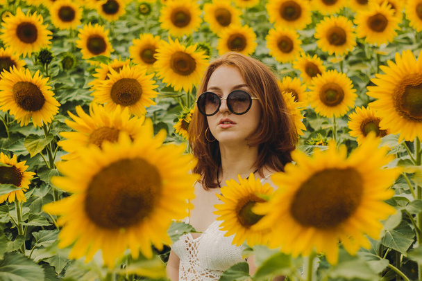 Portrait of a beautiful, cute, sexy red-haired girl in a white dress and glasses. Walks in the sunflowers. Emotion of pleasure, freedom concept, lifestyle. Sunglasses advertising - 写真・画像