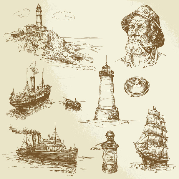 海事の要素 - 手描き下ろしセット - ベクター画像