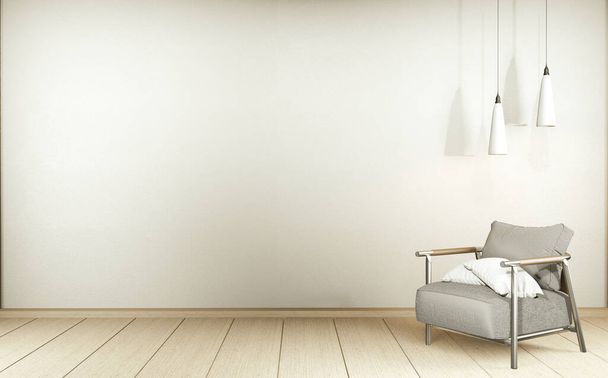 Moderne Zen-Wohnzimmereinrichtung, weißes Sofa und Dekor im japanischen Stil auf weißem Wandhintergrund. 3D-Darstellung - Foto, Bild