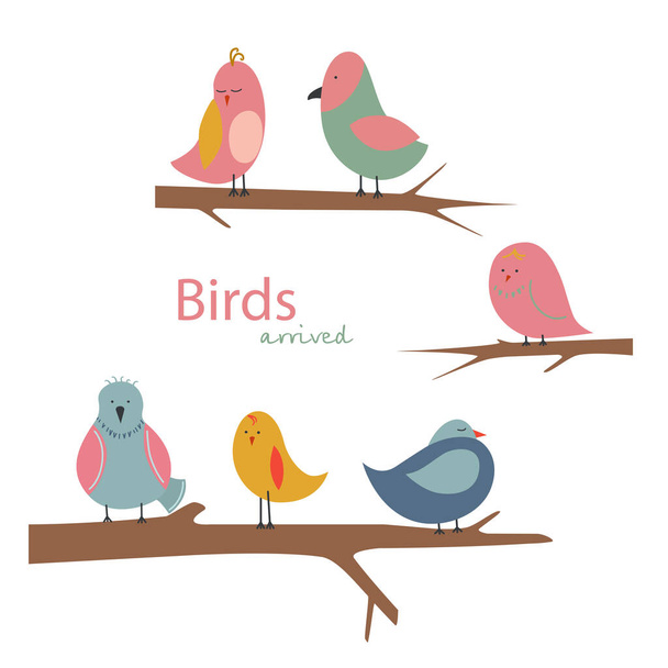 Los pájaros llegaron. Pájaros sentados en las ramas. Ilustración vectorial
. - Vector, imagen