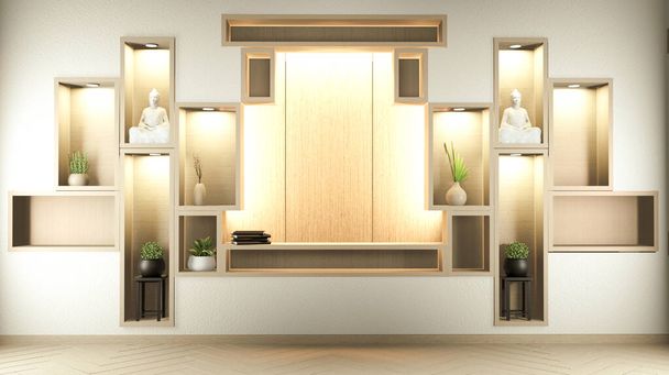 Estantería pared estilo zen y decoración diseño de madera, tierra tone.3D rendering
 - Foto, imagen