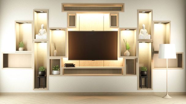 Ράφι wall room zen style and decoraion ξύλινη σχεδίαση, γήινη απόχρωση.3D rendering - Φωτογραφία, εικόνα