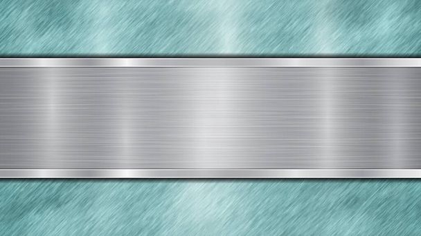Hintergrund bestehend aus einer hellblau glänzenden metallischen Oberfläche und einer horizontal polierten Silberplatte, die sich mittig befindet, mit metallischer Struktur, grellen Farben und polierten Kanten - Vektor, Bild