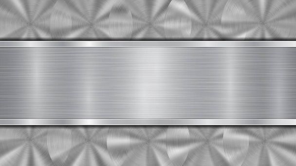 Background in silver and gray colors, consisting of a shiny metallic surface and one horizontal polished plate located centrally, with a metal texture, glares and burnished edges - Vector, Image