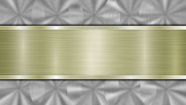 Achtergrond bestaande uit een zilverkleurig glanzend metallic oppervlak en een horizontale gepolijste gouden plaat centraal gelegen, met een metalen textuur, glaren en gepolijste randen - Vector, afbeelding