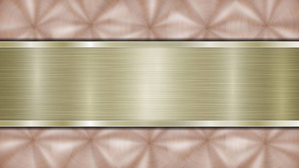 Fondo compuesto por una superficie metálica brillante de bronce y una placa dorada pulida horizontal situada en el centro, con una textura metálica, reflejos y bordes bruñidos
 - Vector, Imagen