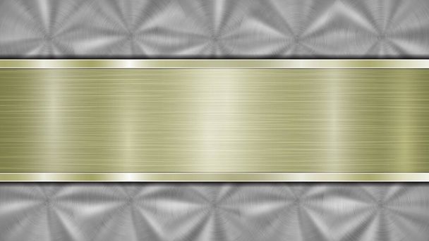 Arrière-plan composé d'une surface métallique brillante argentée et d'une plaque dorée polie horizontale située au centre, avec une texture métallique, des reflets et des bords brunis
 - Vecteur, image