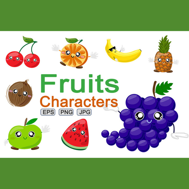 Фруктовые персонажи. Книга или другой дизайн обложки для детских персонажей. Фрукты яблоко, кокос, вишня, ананас, апельсин, виноград, банан, арбуз
 - Фото, изображение