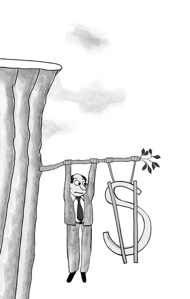 Cartoon ukazuje obchodníka a dolar znamení sotva visí na větvi stromu. - Fotografie, Obrázek