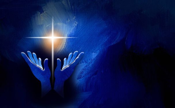 Grafická konceptuální ilustrace uctívání rukou a zářícího křesťanského kříže Ježíše. Umění vhodné pro velikonoční svátky a křesťanskou grafiku včetně blahopřání a záhlaví. - Fotografie, Obrázek