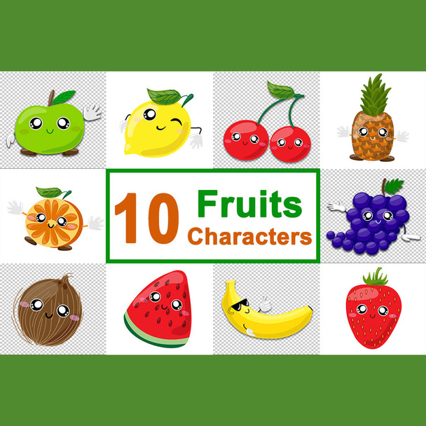 Fruitfiguren. Omslag boek, of andere omslag ontwerp van tien fruit karakters voor kinderen. Fruit appel, citroen, kokosnoot, kers, ananas, sinaasappel, druiven, banaan, aardbei, watermeloen - Foto, afbeelding