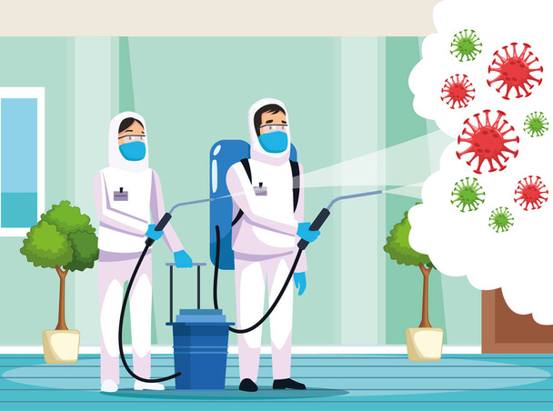 biohazard cleaning persons with sprayer and covid19 particles - Vector, Image