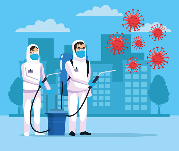 άτομα βιολογικού κινδύνου καθαρισμού με ψεκαστήρα και σωματίδια covid19 στην πόλη - Διάνυσμα, εικόνα