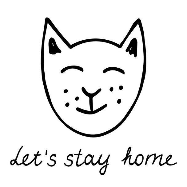 A kézzel rajzolt fekete vektor illusztráció egy portré egy gyönyörű boldog felnőtt fiatal macska csukott szemmel betűkkel Maradjunk otthon - Vektor, kép