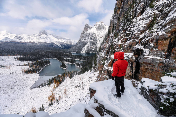 Escursioni uomo viaggiatore sulla roccia in inverno a Opabin Plateau nel parco nazionale di Yoho, Canada
 - Foto, immagini