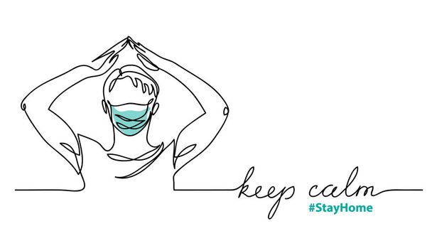 Keep calm and stay home minimalist vector sketch, doodle with man in face mask - Vector, Image