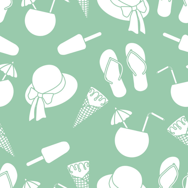 Vector travel seamless pattern Illustration with sun hat, ice cream, cocktail, flip flops. Summer time, vacation, holiday, leisure background. Concept for travel agency. Design wrapping, fabric, print - Vector, Image