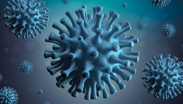 Coronavirus Covid-19 oder Ncov-2019 auf blauem Hintergrund. Mikroskopischer Blick auf das Virus, das eine Pandemie ausgelöst hat. Chinas pathogener Atemwegserreger. 3D-Darstellung. - Foto, Bild