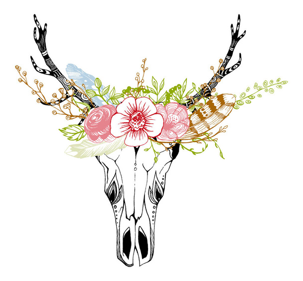 Vaca, búfalo, cráneo de toro en estilo tribal con flores. Ilustración bohemia, vector boho. Símbolo gitano étnico salvaje y libre
. - Vector, Imagen