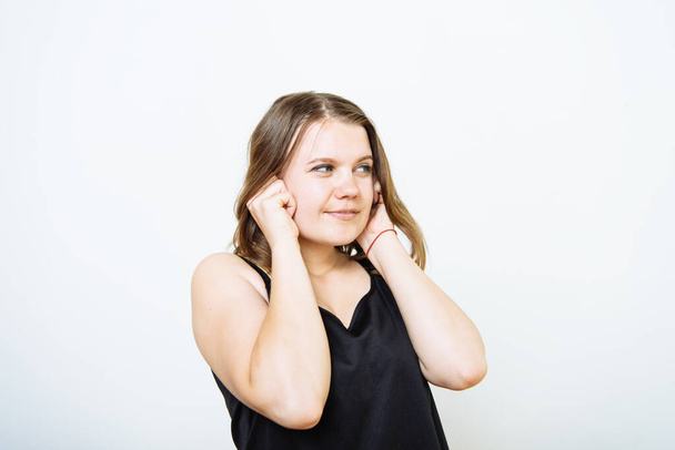 Close ears woman in photo studio - Foto, Bild