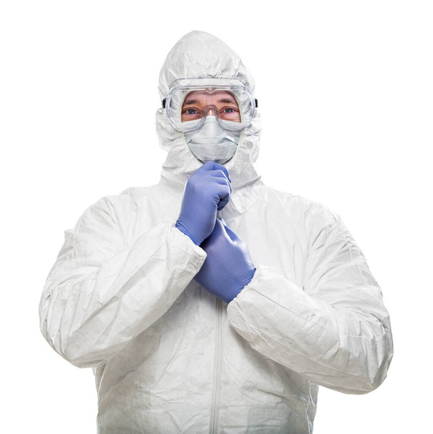 Man Wearing Hazmat Suit, Goggles and Medical Face Mask Isolated On White. - Foto, Imagem