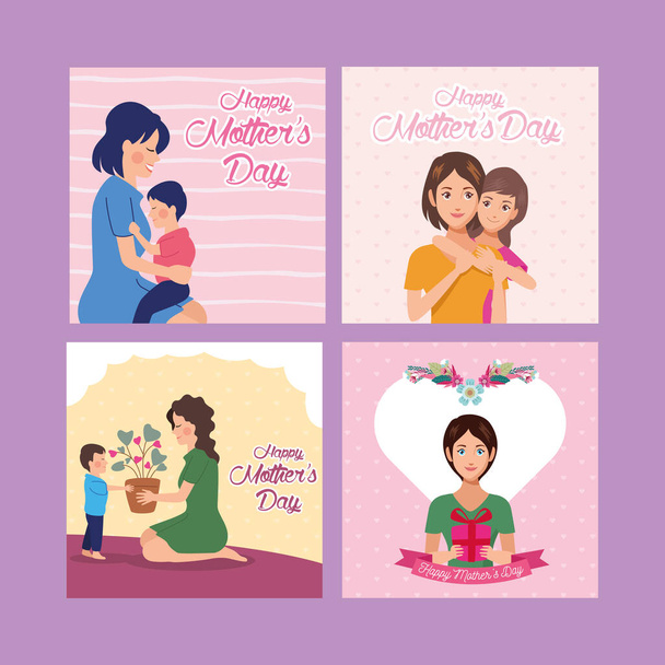 beautiful mother with son and daughter characters mothers day card - Vector, Image