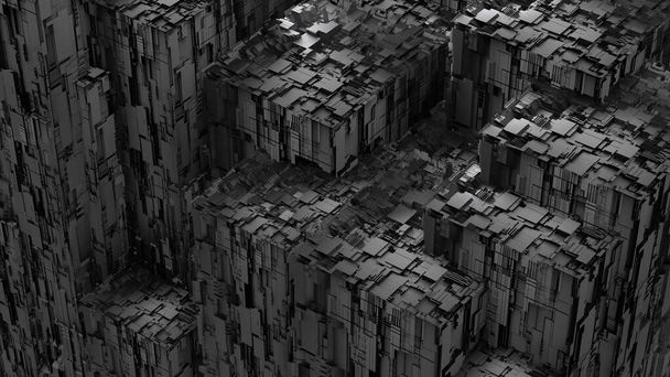 Perspektive Ansicht Nahaufnahme 3D Illustration Konzept der dunkelgrauen hochdetaillierten Scifi futuristische architektonische Muster ähnelt Stadtgebäuden oder Raumschiff außen - Foto, Bild