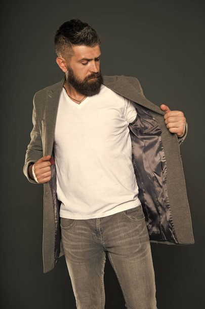 Style adapted to business. Hipster put on casual style jacket. Bearded man wear trendy mustache and beard hair style. Fashion and style - Foto, imagen
