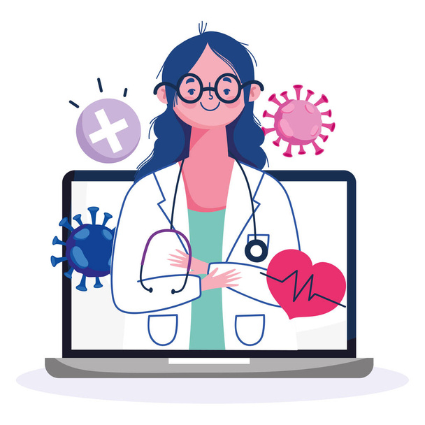 онлайн здоров'я, жінка-лікар у ноутбуці діагностика ковад 19 пандемія
 - Вектор, зображення