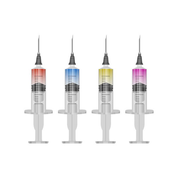 Medizinische Spritze für Injektion und Impfung isoliert auf weißem Hintergrund, Realistisches transparentes medizinisches Werkzeug mit Nadel und flüssiger Lösung, Format Vector eps 10 - Vektor, Bild