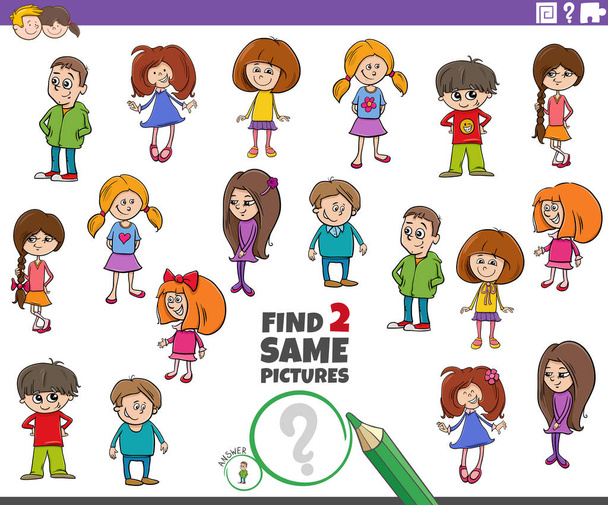 Cartoon Illustration der Suche nach zwei gleichen Bildern Lernspiel für Kinder mit lustigen Kinder- oder Teenie-Charakteren - Vektor, Bild