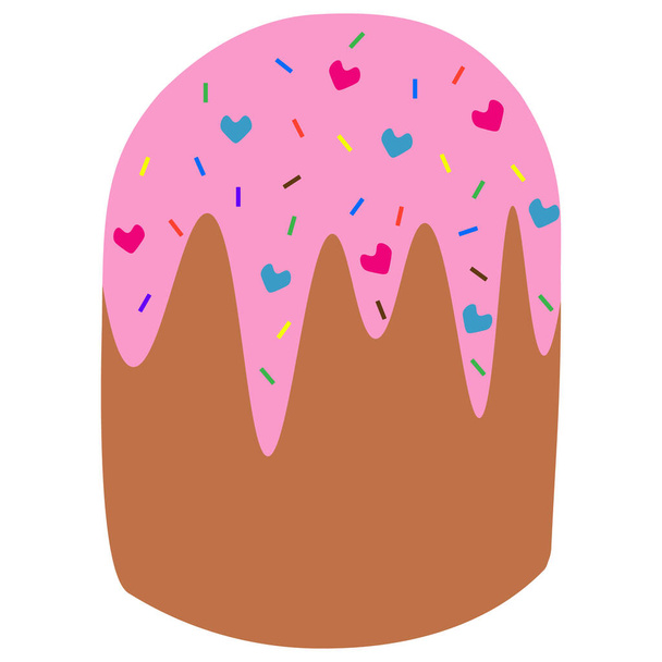 Color vector illustration of Easter cake watered with pink icing. An ornament of multi-colored sprinkles in the form of sticks and hearts. Bread on an isolated background. Idea for a book, magazine. Flat style. Holiday print. - Διάνυσμα, εικόνα