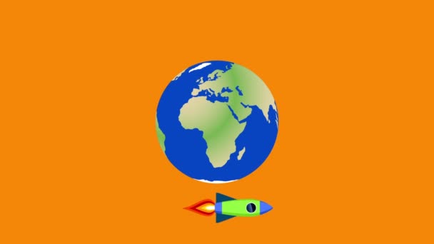 Raketen drehen sich um die Erde. Zeichentrickfilm - Filmmaterial, Video