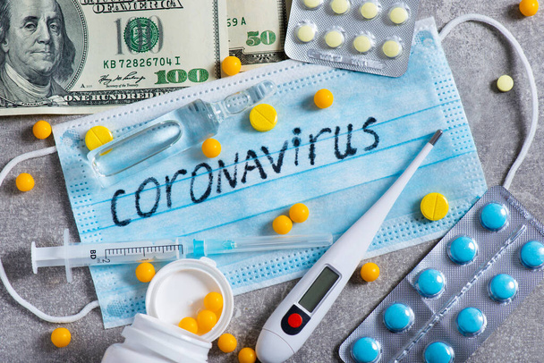 Covid-19 Coronavirus and the flu epidemic. Speculation and business on the vaccine and pills. Money and health, pandemic worldwide. - 写真・画像