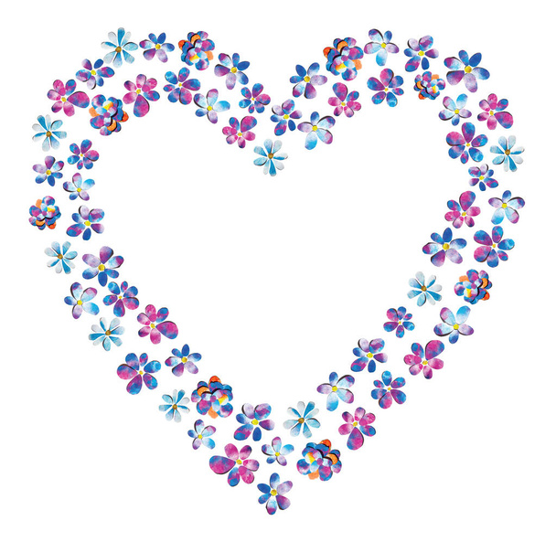 Spring blue pink purple watercolor painted paper-cut flowers romantic Valentine's day border heart frame ring illustration. For poster, greeting or business card. With free blank copy space for text. - Fotoğraf, Görsel