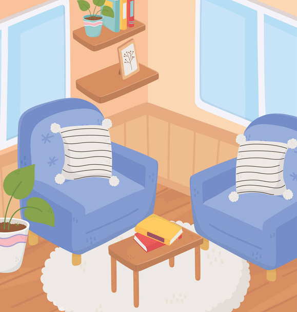 γλυκό σπίτι καναπέδες με μαξιλάρια επιτραπέζια βιβλία ράφια παράθυρα δωμάτιο - Διάνυσμα, εικόνα