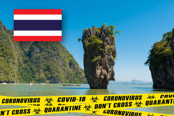 Seyahat durdu, sarı karantina bandı konsepti. Arka planda Tayland bayrağı var. COVID-19 küresel salgınıyla tatil iptal edildi. Dinlenmeyi ve tatilde eğlenmeyi bıraktım.. - Fotoğraf, Görsel