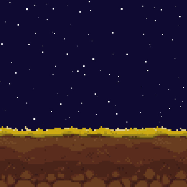 Pixel art game background. Ground, grass, sky and clouds. Pixel art. Game Design. 8 bit.  - Vector, Image