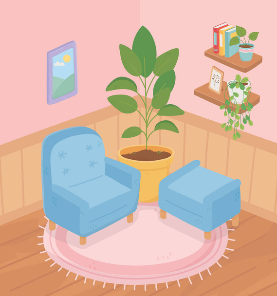 sweet home sofa chair potted plant on carpet shelves books plants frame room - Vector, Image