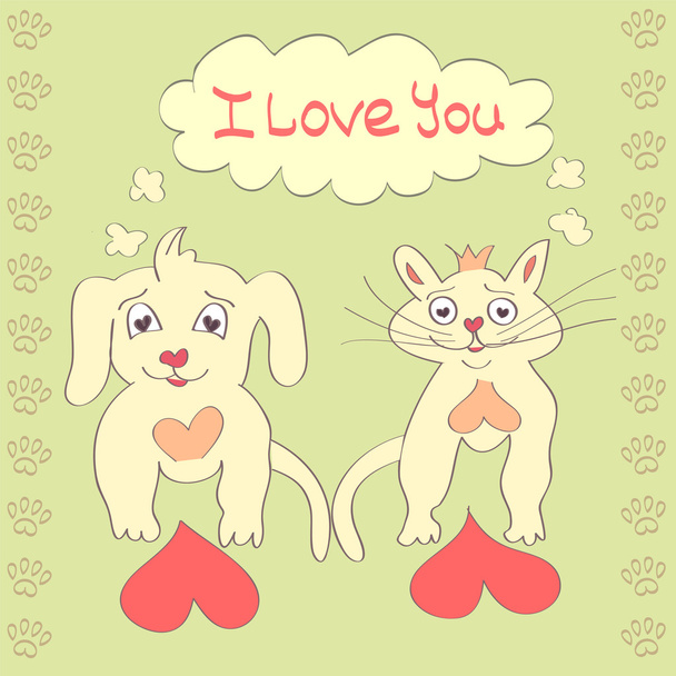 Valentine Dog and Cat cute cartoon character Love Heart Valentines day Greeting card Hand drawn trendy colors Romantic concept in vector - ベクター画像