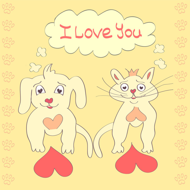 Valentine Dog and Cat cute cartoon character Love Heart Valentines day Greeting card Hand drawn trendy colors Romantic concept in vector - Vektor, Bild